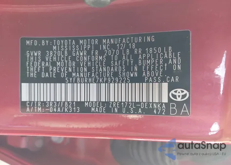 2019 Toyota Corolla Le from USA, damaged, VIN 5YFBURHE7KP929225